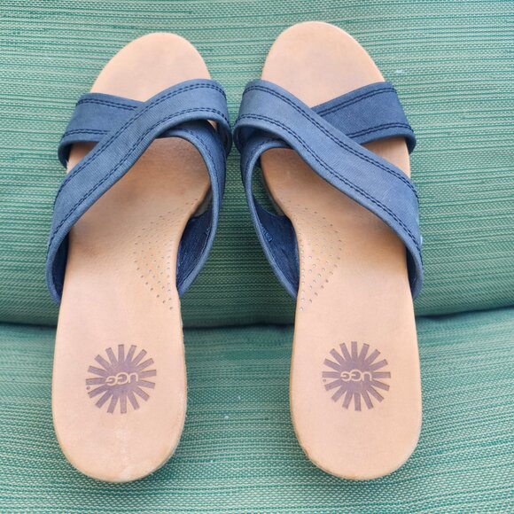 UGG Gwyn Espadrille Wedge Sandals Navy Women’s Size 7 cross leather straps - Picture 2 of 12